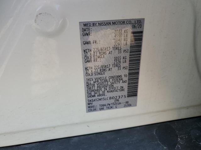 5N1AT2MT5LC802375 - 2020 NISSAN ROGUE S WHITE photo 12