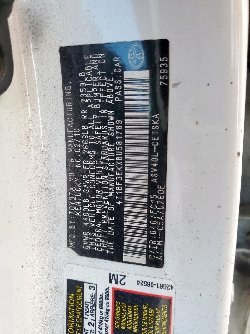 4T1BF3EKXBU581789 - 2011 TOYOTA CAMRY BASE Ağ foto 12