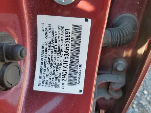 2HGFA1F53AH538691 - 2010 HONDA CIVIC LX ბურგუნდია ფოტო 12