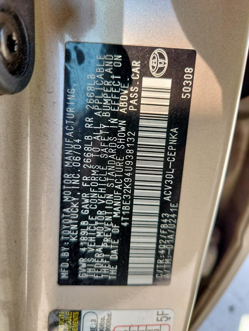 4T1BE32K94U938132 - 2004 TOYOTA CAMRY LE BEIGE photo 12