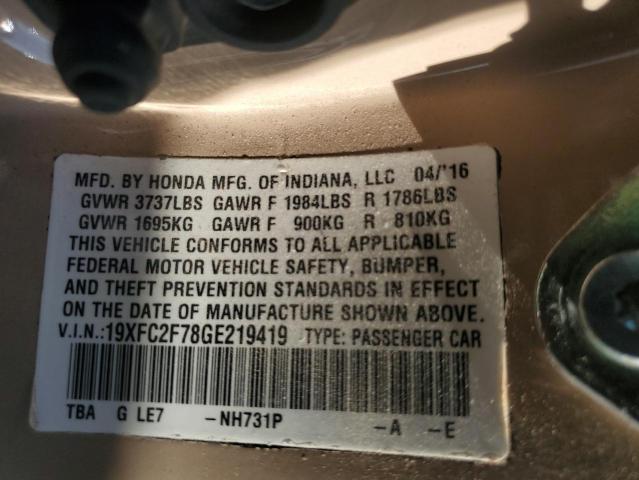 19XFC2F78GE219419 - 2016 HONDA CIVIC EX BROWN photo 12