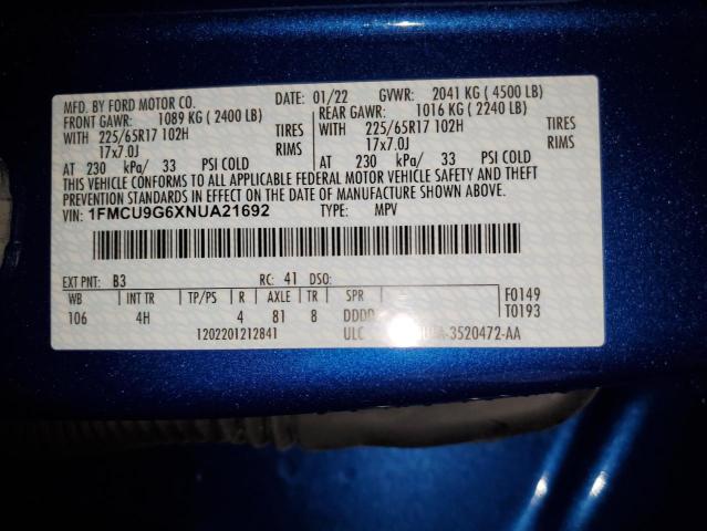 1FMCU9G6XNUA21692 - 2022 FORD ESCAPE SE BLUE photo 13