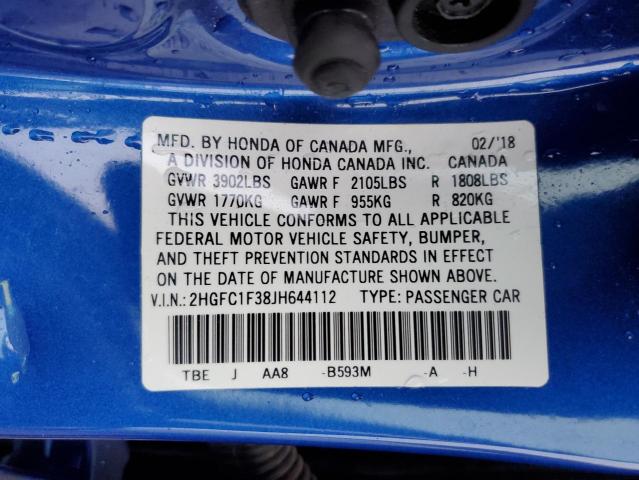 2HGFC1F38JH644112 - 2018 HONDA CIVIC EX BLUE photo 12