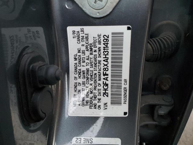 2HGFA1F8XAH311492 - 2010 HONDA CIVIC EX GRAY photo 12