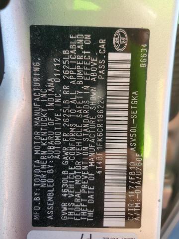 4T4BF1FK6CR186227 - 2012 TOYOTA CAMRY BASE SILVER photo 13