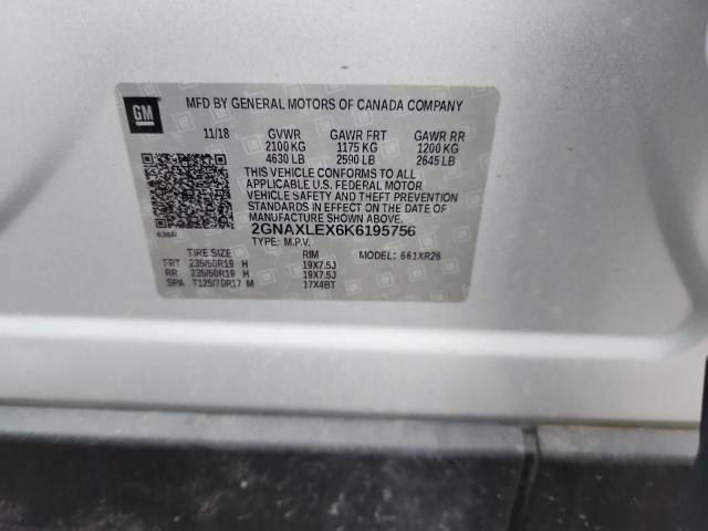 2GNAXLEX6K6195756 - 2019 CHEVROLET EQUINOX LT Srebrny zdjęcie 13