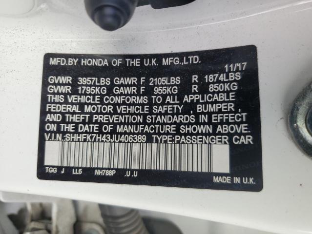 SHHFK7H43JU406389 - 2018 HONDA CIVIC SPORT Biały zdjęcie 12