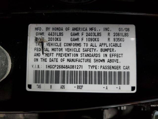 1HGCP26848A081271 - 2008 HONDA ACCORD EXL Қара фото 12