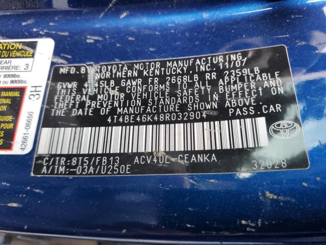 4T4BE46K48R032904 - 2008 TOYOTA CAMRY CE GRAY photo 12