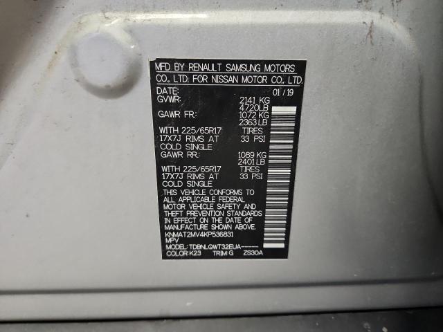 KNMAT2MV4KP536831 - 2019 NISSAN ROGUE S ვერცხლისფერი ფოტო 13