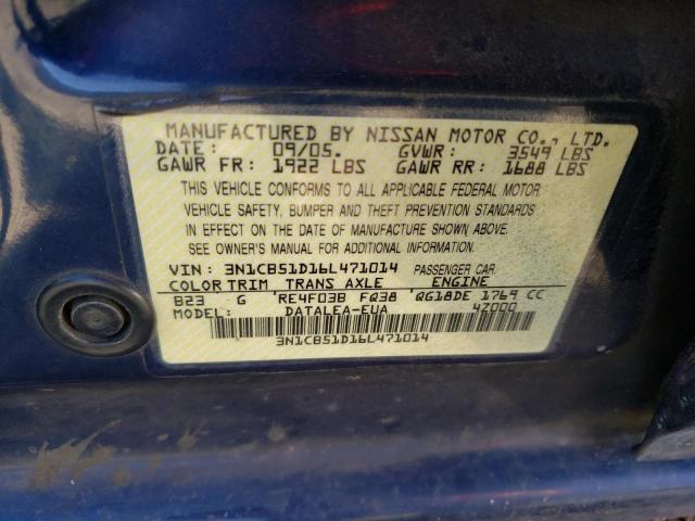 3N1CB51D16L471014 - 2006 NISSAN SENTRA 1.8 BLUE photo 12