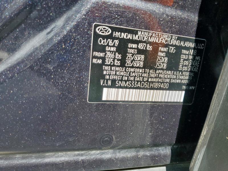 5NMS33AD5LH189400 - 2020 HYUNDAI SANTA FE SEL BLACK photo 12