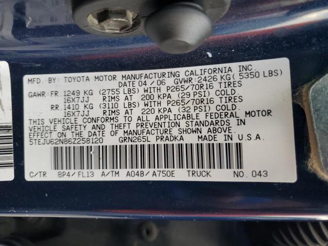 5TEJU62N86Z258120 - 2006 TOYOTA TACOMA DOUBLE CAB PRERUNNER BLUE photo 13