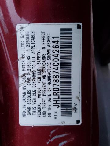 JHLRD78874C042641 - 2004 HONDA CR-V EX RED photo 13