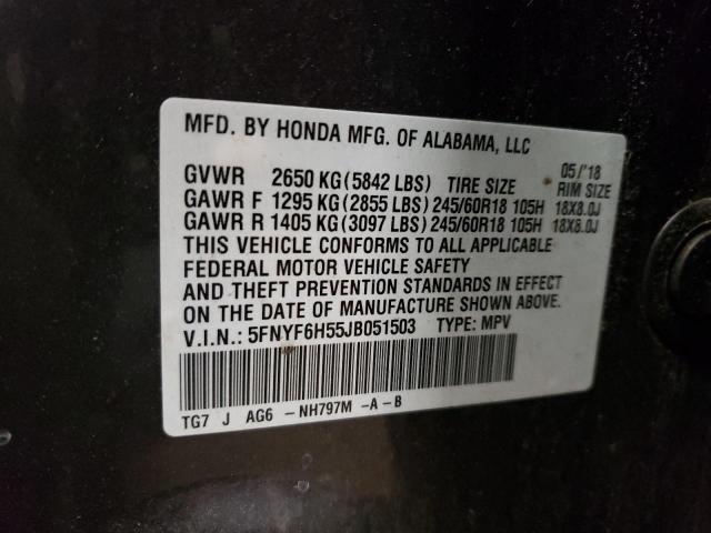 5FNYF6H55JB051503 - 2018 HONDA PILOT EXL GRAY photo 14