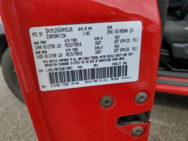 1J4GL48K43W614001 - 2003 JEEP LIBERTY SPORT წითელი ფოტო 12