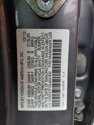 1HGCV1F1XLA021832 - 2020 HONDA ACCORD LX GRAY photo 12