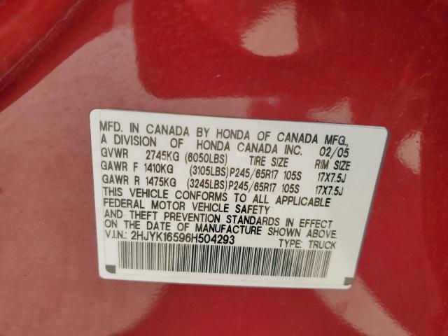 2HJYK16596H504293 - 2006 HONDA RIDGELINE RTL Kırmızı fotoğraf 12