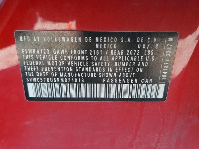 3VWC57BU5KM034018 - 2019 VOLKSWAGEN JETTA S 红色 照片 12