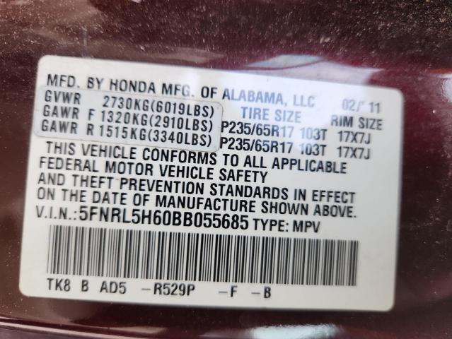 5FNRL5H60BB055685 - 2011 HONDA ODYSSEY EXL MAROON photo 13