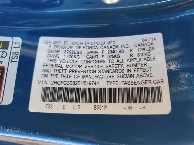 2HGFG3B82EH519744 - 2014 HONDA CIVIC EX BLUE photo 12