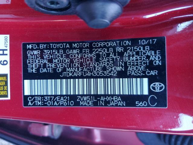 JTDKARFU4H3053542 - 2017 TOYOTA PRIUS RED photo 13