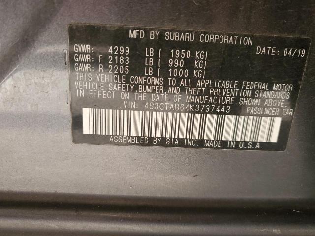 4S3GTAB64K3737443 - 2019 SUBARU IMPREZA GRAY photo 12