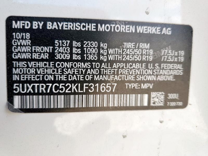 5UXTR7C52KLF31657 - 2019 BMW X3 SDRIVE30I WHITE photo 13