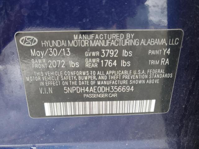 5NPDH4AE0DH356694 - 2013 HYUNDAI ELANTRA GLS BLUE photo 12