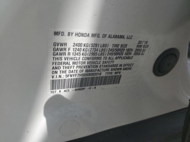 5FNYF7H5XKB003518 - 2019 HONDA PASSPORT EXL Blanco foto 13