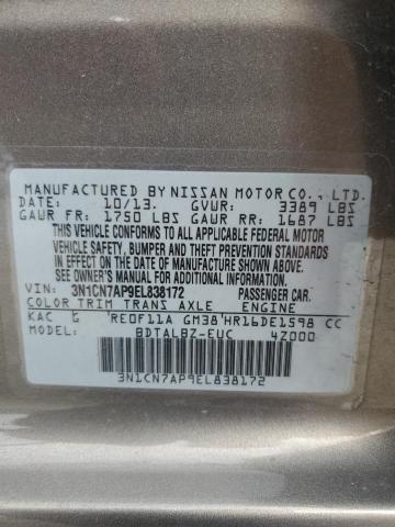 3N1CN7AP9EL838172 - 2014 NISSAN VERSA S 灰色 照片 12