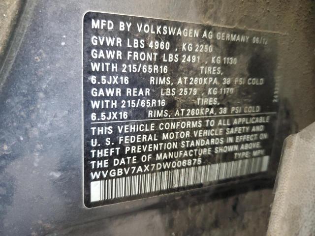 WVGBV7AX7DW006875 - 2013 VOLKSWAGEN TIGUAN S CHARCOAL photo 13