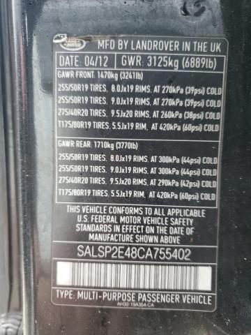 SALSP2E48CA755402 - 2012 LAND ROVER RANGE ROVE AUTOBIOGRAPHY BLACK photo 12