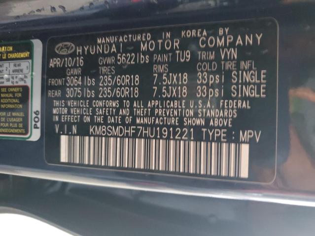 KM8SMDHF7HU191221 - 2017 HYUNDAI SANTA FE SE BLUE photo 12