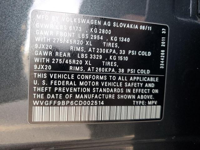 WVGFF9BP6CD002514 - 2012 VOLKSWAGEN TOUAREG V6 BLACK photo 13