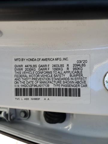 1HGCV2F94LA017139 - 2020 HONDA ACCORD TOURING თეთრი ფოტო 12