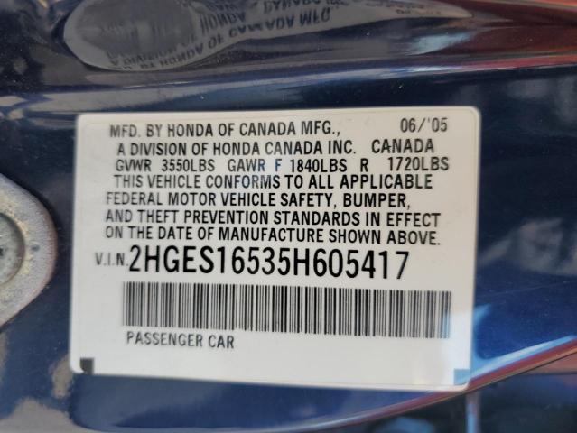 2HGES16535H605417 - 2005 HONDA CIVIC LX Mavi foto 12