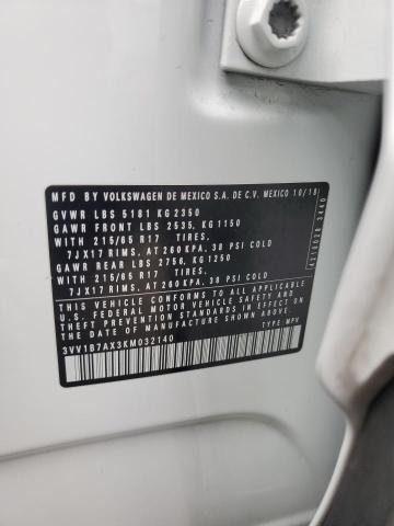 3VV1B7AX3KM032140 - 2019 VOLKSWAGEN TIGUAN S Սպիտակ լուսանկար 12