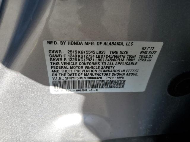 5FNYF5H57HB008320 - 2017 HONDA PILOT EXL SILVER photo 13