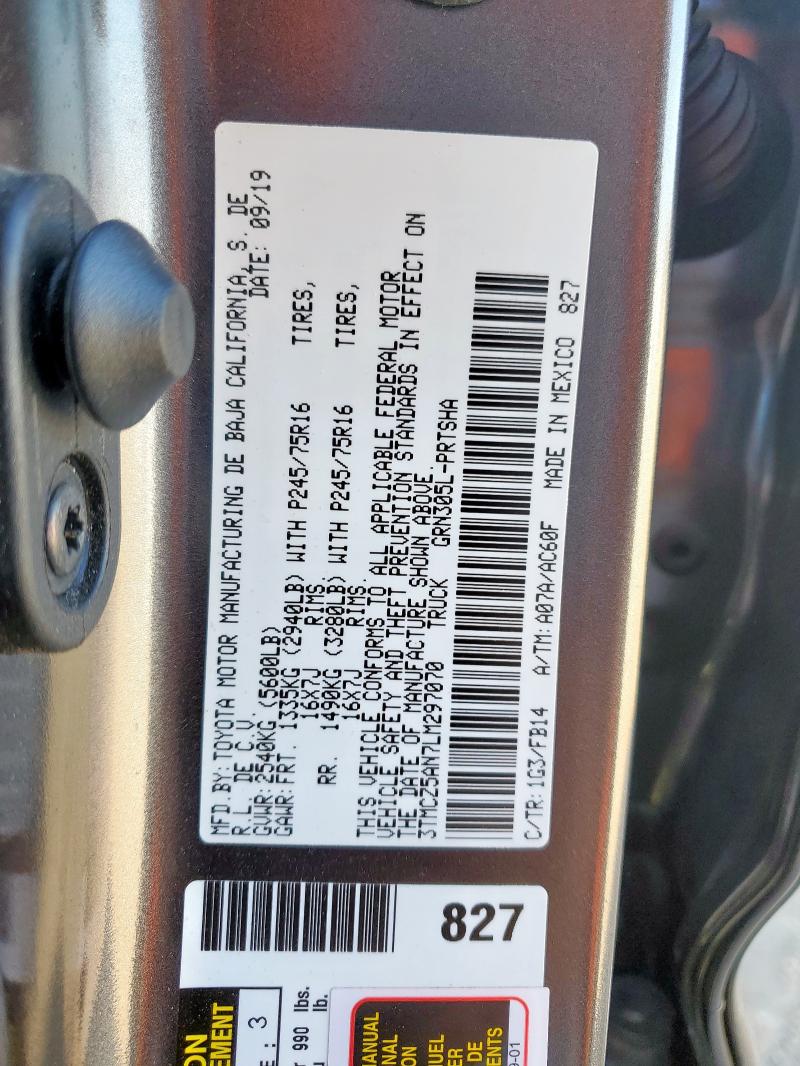 3TMCZ5AN7LM297070 - 2020 TOYOTA TACOMA DOUBLE CAB GRAY photo 12