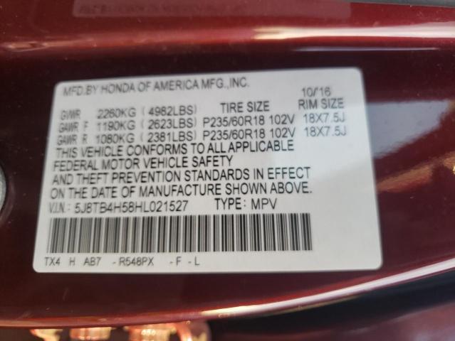 5J8TB4H58HL021527 - 2017 ACURA RDX TECHNOLOGY MAROON photo 13
