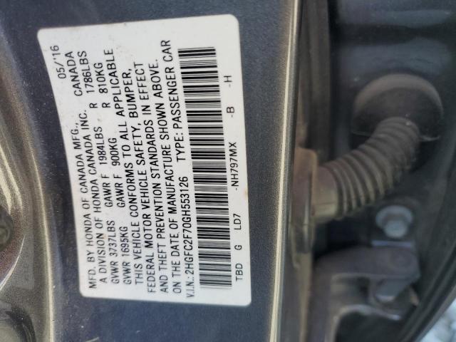 2HGFC2F70GH553126 - 2016 HONDA CIVIC EX GRAY photo 12