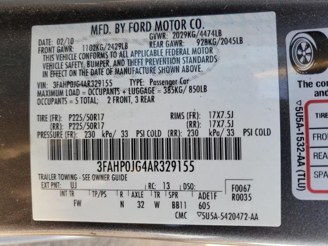 3FAHP0JG4AR329155 - 2010 FORD FUSION SEL GRAY photo 12