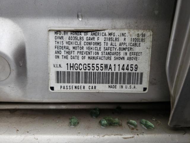 1HGCG5555WA114459 - 1998 HONDA ACCORD EX SILVER photo 12