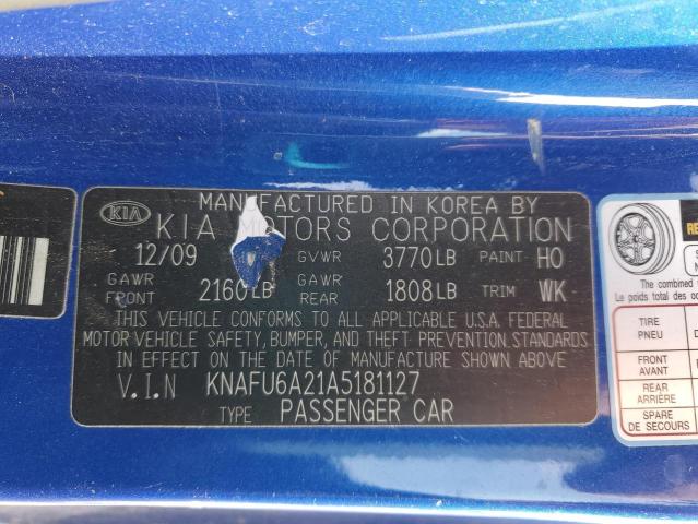 KNAFU6A21A5181127 - 2010 KIA FORTE EX BLUE photo 12