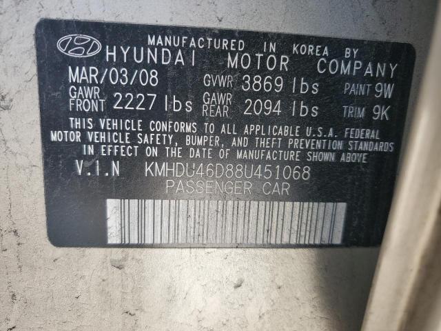 KMHDU46D88U451068 - 2008 HYUNDAI ELANTRA GLS TAN photo 12