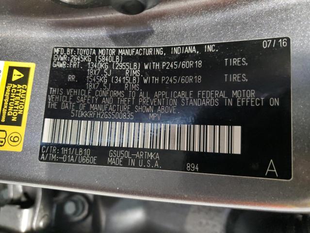 5TDKKRFH2GS500835 - 2016 TOYOTA HIGHLANDER XLE GRAY photo 13