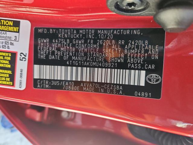 4T1G11AK0MU409921 - 2021 TOYOTA CAMRY SE RED photo 12
