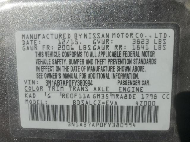 3N1AB7AP0FY380994 - 2015 NISSAN SENTRA S 灰色 照片 12