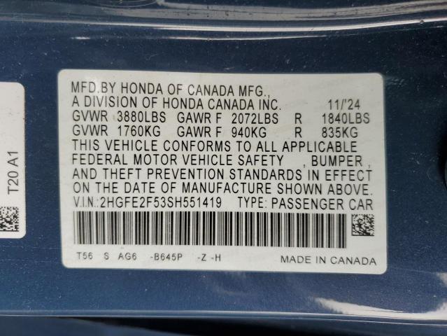 2HGFE2F53SH551419 - 2025 HONDA CIVIC SPORT 蓝色 照片 12